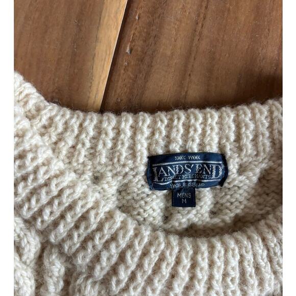 Lands End Vintage Cream Cableknit Sweater Medium 100% Wool - Picture 7 of 7